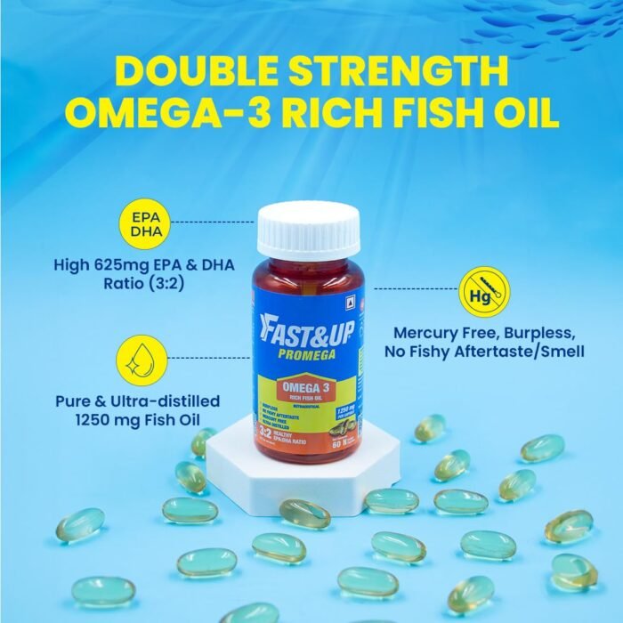 Fast&Up Promega with Double Strength 1250 mg Omega-3 Rich Fish Oil (60 Capsules) High 375 mg