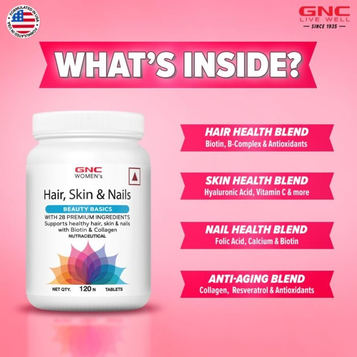 GNC Women's Hair, Skin and Nails Multivitamin With Biotin For Women 120 Tablets Hair Fall Control Improved Hair Growth