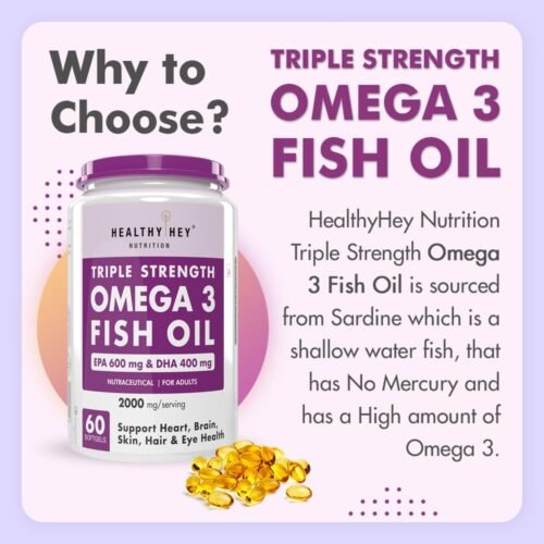 HealthyHey Nutrition Fish Oil Omega 3 60 Softgel For Women and Men Triple Strength Fish Oil