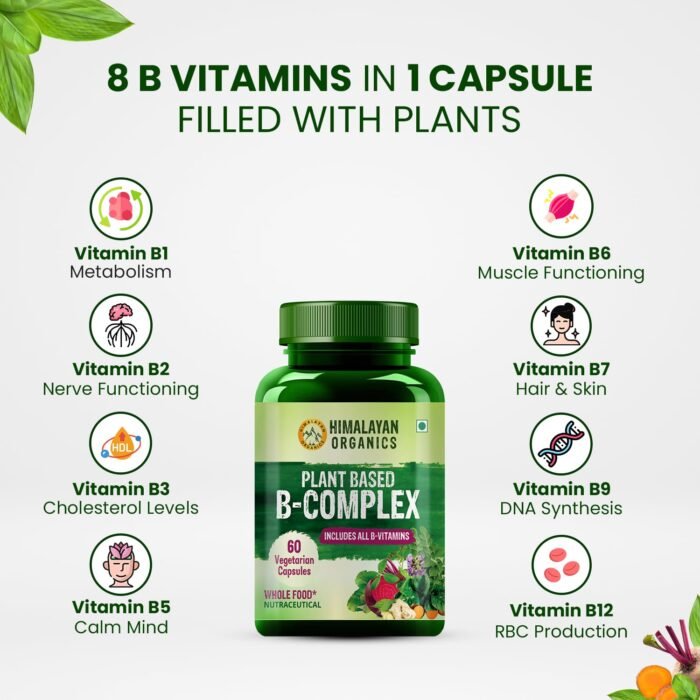 Himalayan Organics Plant Based Vitamin B Complex with 100% RDA B1, B2, B3, B5, B6, B9 & B12 Hair Growth, Boost Energy And Immunity