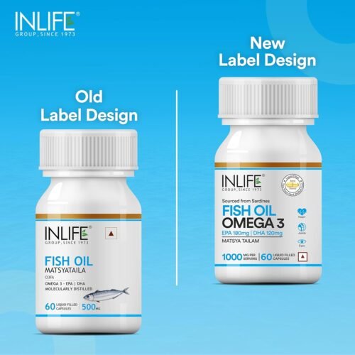 INLIFE Fish Oil Capsules Omega 3 1000mg 180mg EPA & 120mg DHA Promotes Brain, Heart, Joint & Eye Health