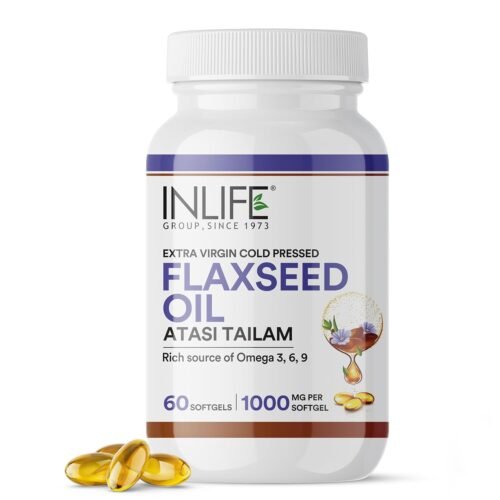 INLIFE Flaxseed Oil Capsules 1000mg Omega 3 6 9 from Extra Virgin Cold Pressed Oil for Heart & Brain Health - 60 Softgels