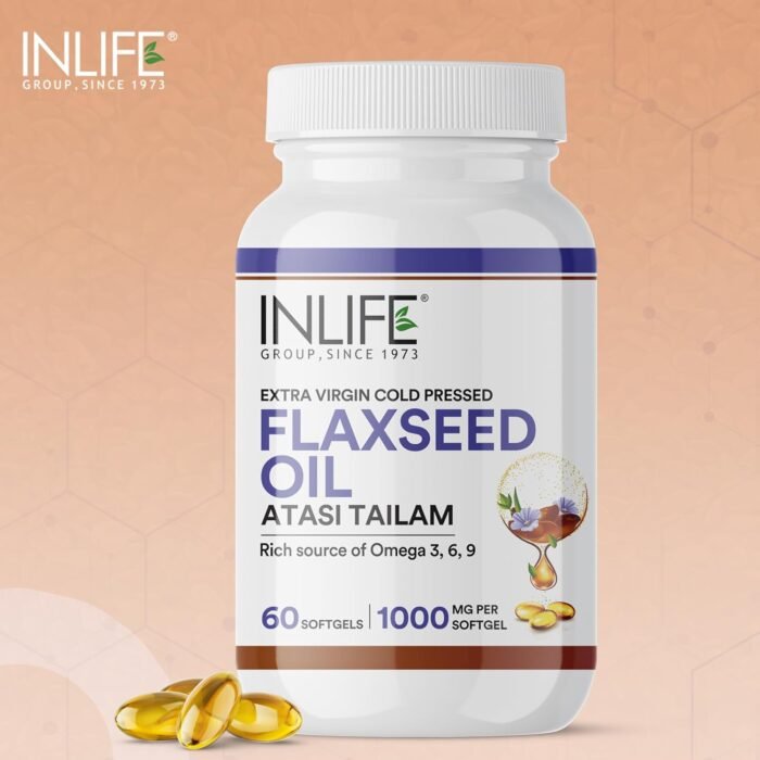 INLIFE Flaxseed Oil Capsules 1000mg Omega 3 6 9 from Extra Virgin Cold Pressed Oil for Heart & Brain Health - 60 Softgels