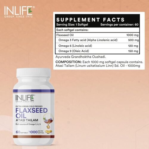 INLIFE Flaxseed Oil Capsules 1000mg Omega 3 6 9 from Extra Virgin Cold Pressed Oil for Heart & Brain Health - 60 Softgels