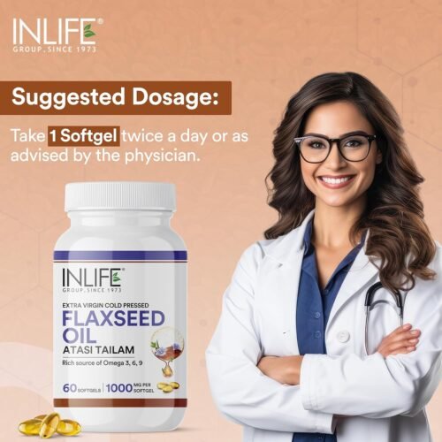 INLIFE Flaxseed Oil Capsules 1000mg Omega 3 6 9 from Extra Virgin Cold Pressed Oil for Heart & Brain Health - 60 Softgels