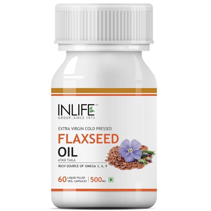 INLIFE Flaxseed Oil Veg Omega 3 6 9 Supplement, Extra Virgin Cold Pressed 500 mg - 60 Vegetarian Capsules