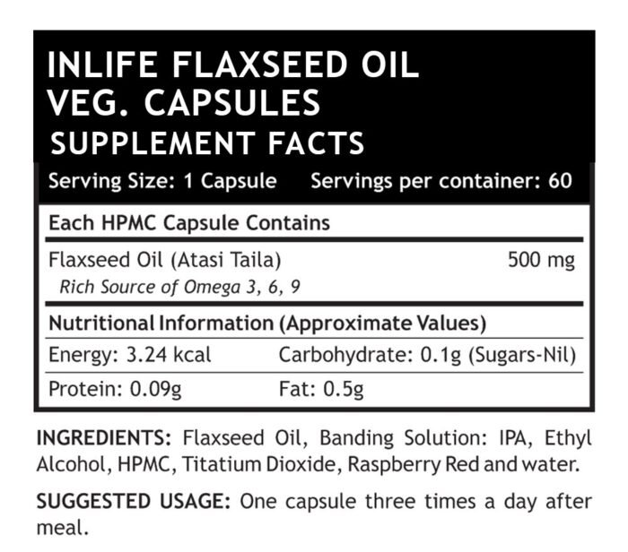 INLIFE Flaxseed Oil Veg Omega 3 6 9 Supplement, Extra Virgin Cold Pressed 500 mg - 60 Vegetarian Capsules