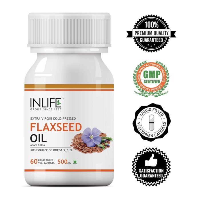 INLIFE Flaxseed Oil Veg Omega 3 6 9 Supplement, Extra Virgin Cold Pressed 500 mg - 60 Vegetarian Capsules