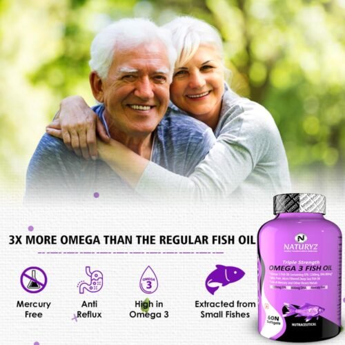 Naturyz Triple Strength Omega 3 Fish Oil with Highest Strength 2450 mg, 60 Capsules, Omega 3-6-9 Per Serving