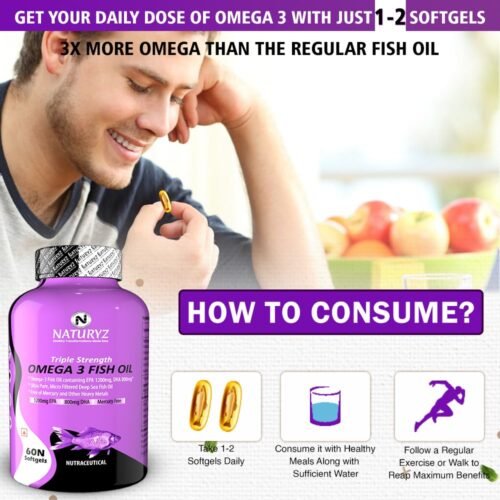 Naturyz Triple Strength Omega 3 Fish Oil with Highest Strength 2450 mg, 60 Capsules, Omega 3-6-9 Per Serving