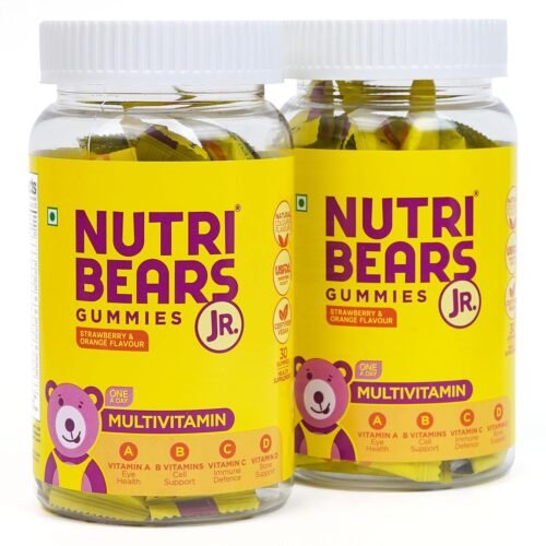 NutriBears Kids Multivitamin Gummies with Vitamins A, C, B, D, and Zinc, 60 Gummy Chewable Bears, Strawberry and Orange Flavour