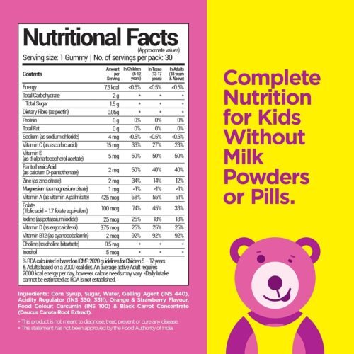 NutriBears Kids Multivitamin Gummies with Vitamins A, C, B, D, and Zinc, 60 Gummy Chewable Bears, Strawberry and Orange Flavour