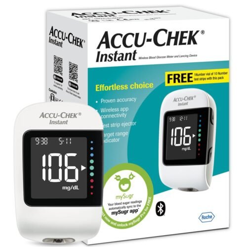 Accu-Chek Instant Blood Glucose Glucometer (with Bluetooth) with Vial of 10 Strips, 10 Lancets and a Lancing Device FREE for Accurate Blood Sugar Testing