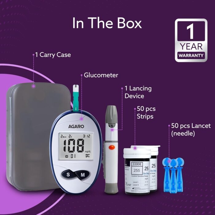 AGARO Glucometer, Blood Glucose Monitoring System with 50pcs Strips & Lancets, Glucometer Machine