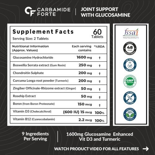 Carbamide Forte Joint Support Supplement with Glucosamine 1600mg Per Serving with Chondroitin, Boswellia, Turmeric & Ginger- 60 Tablets