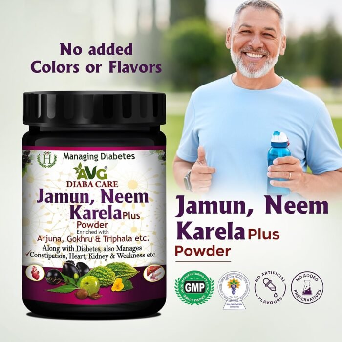 Health Organics Jamun, Neem & Karela Plus Powder 200g, Diabetes Care Ayurvedic Supplement with Arjuna1