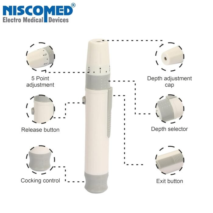 Niscomed Round Blood Glucometer Lancet with Lancing Device, Glucometer Blood Lancing Pen Device Painless Lacing Device1