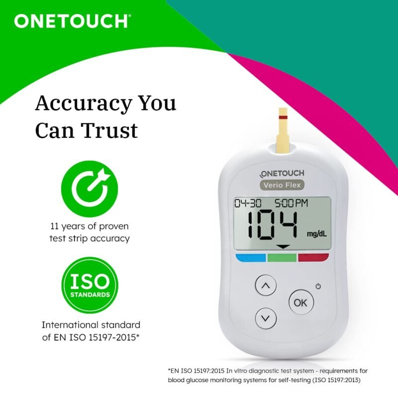 OneTouch Verio Flex glucometer with 50 Test Strips & 50 additional lancets (total 60 sterile lancets)