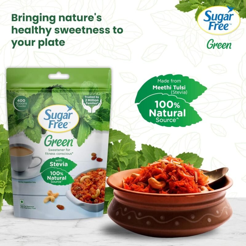 Sugar Free Green Stevia Pouch 400 g 100% Plant based Natural Sweetener Equivalent to Sweetness from 1Kg Sugar