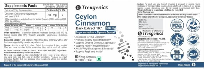 Trexgenics CEYLON TRUE CINNAMON 600 mg Diabetic Care