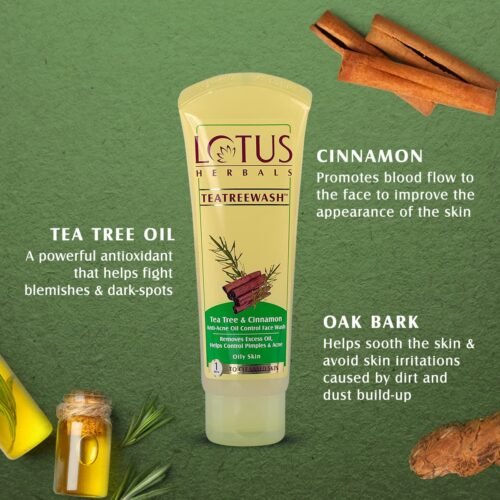 Lotus Herbals Teatreewash Face Wash | with Tea Tree Oil & Cinnamon | Anti Acne | Oil Control | For Oily Skin | 120ml