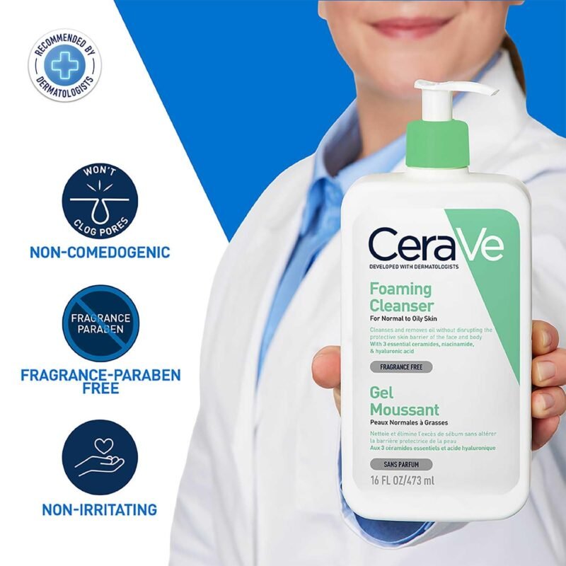 CeraVe Foaming Cleanser For Normal To Oily Skin (473ml) - Dermatologist-Developed Facewash