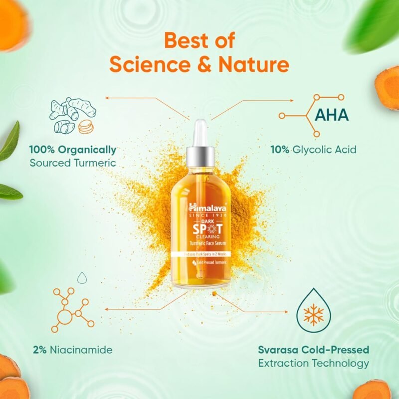 Himalaya Dark Spot Clearing Turmeric Face Serum 10% Glycolic Acid & 2% Niacinamide Organically sourced Turmeric Reduce dark spots in 7 days 30ml7