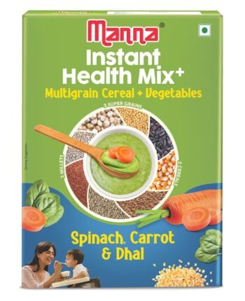 Manna Health Mix Instant Multigrain Cereal, Spinach, Carrot, Dal with Milk. Made with Real Vegetables and 8 super grains and millets. No Added Sugar, No Artificial Color, Flavors 200g